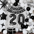 20th Birthday Decorations for Men Women, Black Silver Happy Birthday Party Decorations， 20 Year Old Party Supplies with Number 20 Balloons, Banner, Fringe Curtains Kit