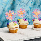 Ephlyn 30Pcs Foil Firework Cupcake Toppers Happy Birthday Cake Toppers Tinsel Flower Drink Stirrers Cocktail Food Fruit Toothpicks for Valentine's Day Party Decorations Orange