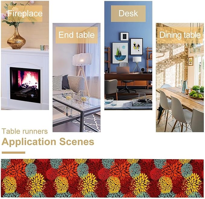 Red Yellow Dahlia Table Runner, Seasonal Autumn Thanksgiving Pattern Print for Home Kitchen Table Decor Dining Coffee Room Party Decor 13x90 Inch