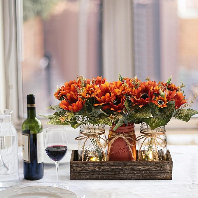 3 Pcs Fall Mason Jar Centerpiece Table Decorations for Dining Table Decor Farmhouse Coffee Table Decor with Wood Tray and Led Light Table Centerpieces for Dining Room Kitchen Living,Orange