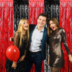 4 Pack Foil Fringe Curtain Backdrop, 3.28Ft x 8.2Ft Metallic Tinsel Foil Fringe Streamers for Photo Booth, Wedding, Casino Viva Las Vegas Game Night Birthday Party Decoration (Black Red)