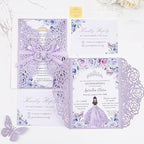 Purple Butterfly Laser Cut Wedding Invitations 50 Set, Hollow Out Rose Shaped Wedding Invites for Bridal Shower Quince Invitaciones Para Boda (Blank Inner Sheet, No Pattern)