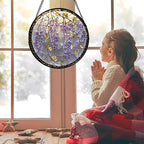 Stained Glass Window Hanging - Wisteria Flower Golden Leaves Sun Catcher for Door Home Decor Plant Suncatcher Christmas Mother's Day Birthday Gifts for Women Men Lovers Mom Nana 6.3 in