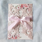 25PCS Blush Pink Laser Cut Wedding Invitations Cards with Envelopes,Blank Inner Sheets,Ribbons for Wedding Bridal Shower Quinceañera Engagement Birthday Invites