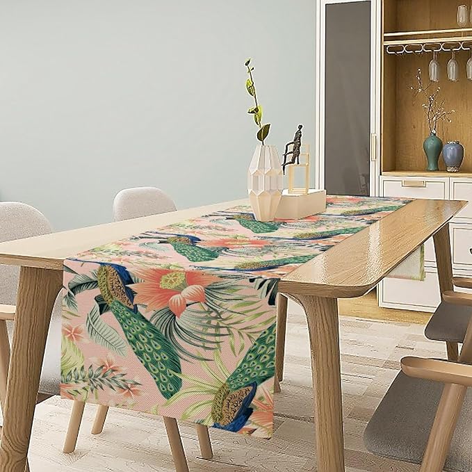 Peacock Table Runner,Pink Flower Peacock Birds Table Runner for Home Kitchen Dining Party Indoor Outdoor Decoration 13x60 Inch