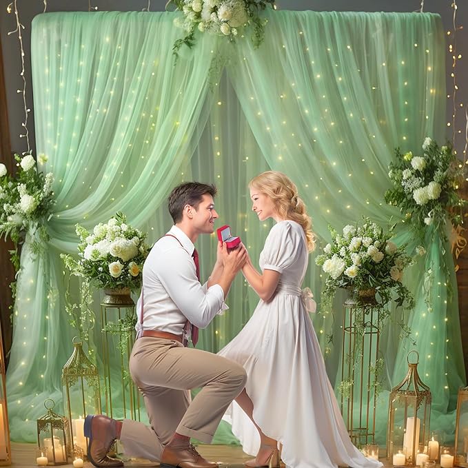 30×10ft Green Tulle Backdrop Curtain with Lights String for Parties, Sheer Photo Backdrop Curtains for Wedding Party Photography Background