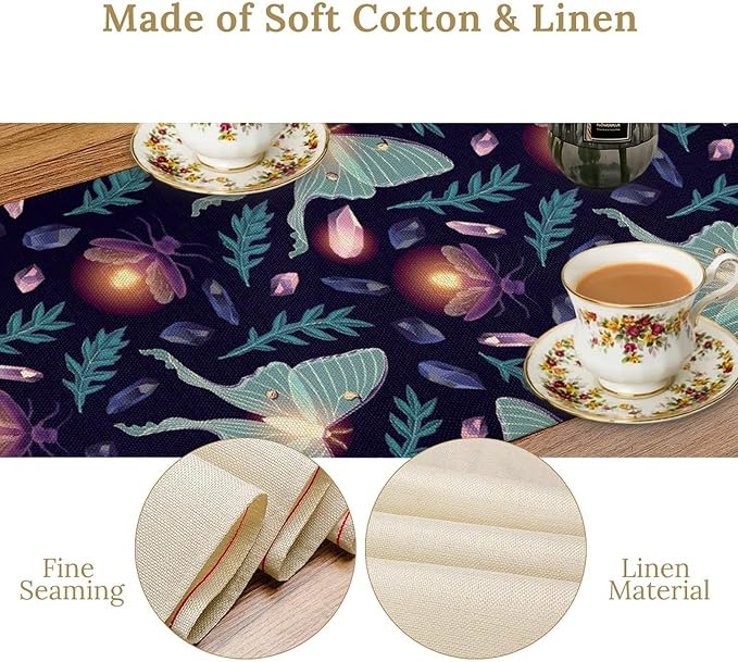 Moth Table Runner, Retro Boho Aesthetic Blue Moth Magic Table Runner for Home Kitchen Dining Party Indoor Outdoor Decoration 13x108 Inch