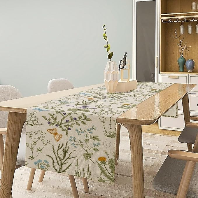 Floral Table Runner,Wildflower Spring Table Runner Seasonal Summer Butterfly Kitchen Dining Table Decoration for Home Party 13x120 Inch