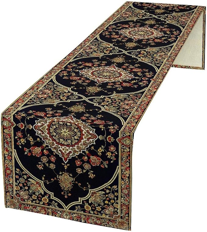 Vintage Boho Floral Table Runner, Rustic Country Farmhouse Black Bohemia Flower Pattern for Home Kitchen Table Decor Dining Cafe Room Wedding Party Decor 13x108in