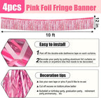 4 Pack 10 Feet Pink Foil Fringe Garland Metallic Tinsel Streamers Banner Wall Hanging Curtain Backdrop for Parade Floats, Wedding, Graduate, Mother's Day, Birthday Party Decoration