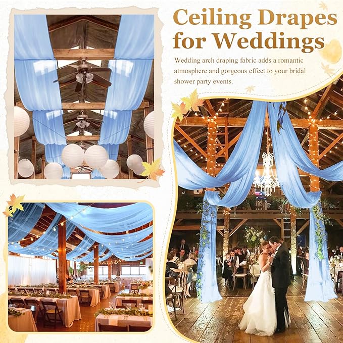 MODFUNS Wedding Drapes Ceiling Decorations Baby Blue Wedding Arch Drapes 5FTx20FT 2 Panels Chiffon Sheer Ceiling Curtain Tulle Curtain for Party Sheer Arbor Drapery Canpoy Tent Ceiling Backdrop