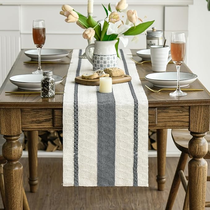 Artoid Mode Dark Grey Farmhouse Woven Rustic Table Runner, Seasonal Holiday Hollow Kitchen Dining Table Decoration for Home Party Decor 12x72 Inch