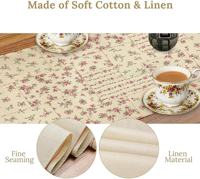 Floral Table Runner, Watercolor Rose Flower Kitchen Table Decoration Vintage Spring Home Tablecloth for Birthday Party Picnic Decoration 13x90 Inch 1PCS