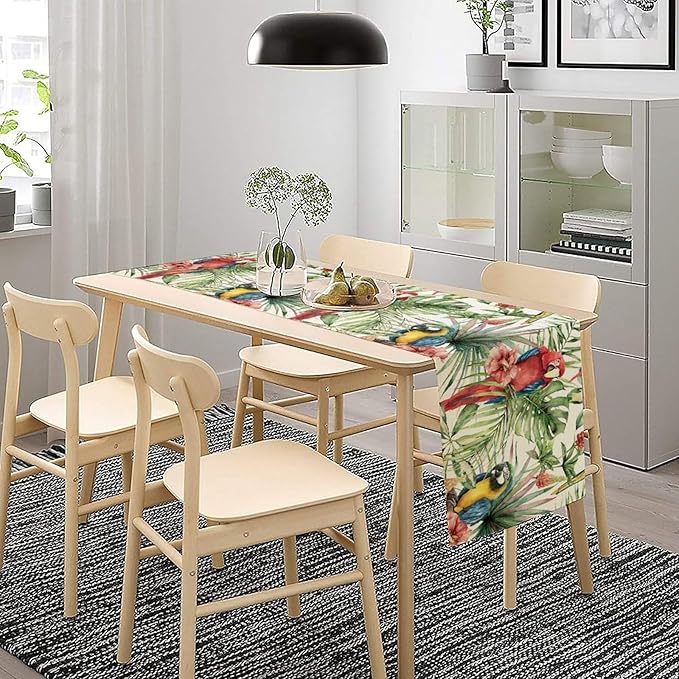 Parrot Table Runner,Tropical Palm Leaf Colorful Macaw Bird Watercolor Print Tablecloth Burlap for Hotel Indoors Outdoor Dining Room Kitchen Home Decor,W13X L108 in