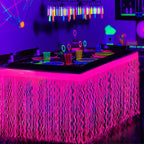 Mega-L Glow in The Dark Party Supplies, 2 Pack Neon Party Decorations Fluorescent Macaron Fuchsia Wavy Metallic Tinsel Foil Fringe Table Skirts, Perfect Table Decors for Glow Birthday Decor