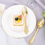 WDF 100 Piece Gold Plastic Spoons Disposable - 6.93 Inch Baroque Gold Spoons Plastic Silverware for Dessert Cake - Heavy Duty for Thanksgiving Party, Wedding or Daily Using