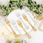 150PCS Gold Plastic Forks - 8.1inch Gold Forks Disposable - Vintage Heavy Duty Dessert Forks - Premium Fancy Plastic Silverware for Parties, Weddings, Dinners and Events