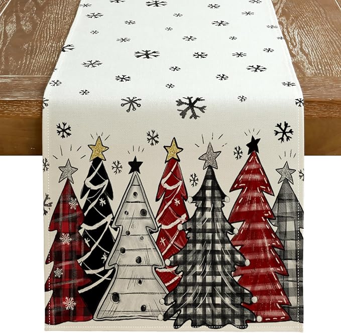 GEEORY Christmas Table Runner 13x60 Inch, Xmas Tees Snowflakes Holiday Decorative Farmhouse Table Decoration for Kitchen Dinning, Indoor Outdoor Dinner Party Decor ((Red & Black) GT165-60