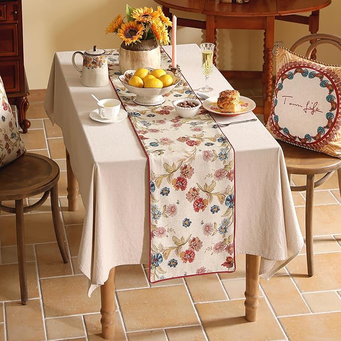 patdrea Designer Farmhouse Linen Thick Table Runner, Rustic Cottage Beige with Floral Pattern Fabric Table Mat, Decoration for Kitchen Dining Coffee Table Banquet Christmas , 12"*71"
