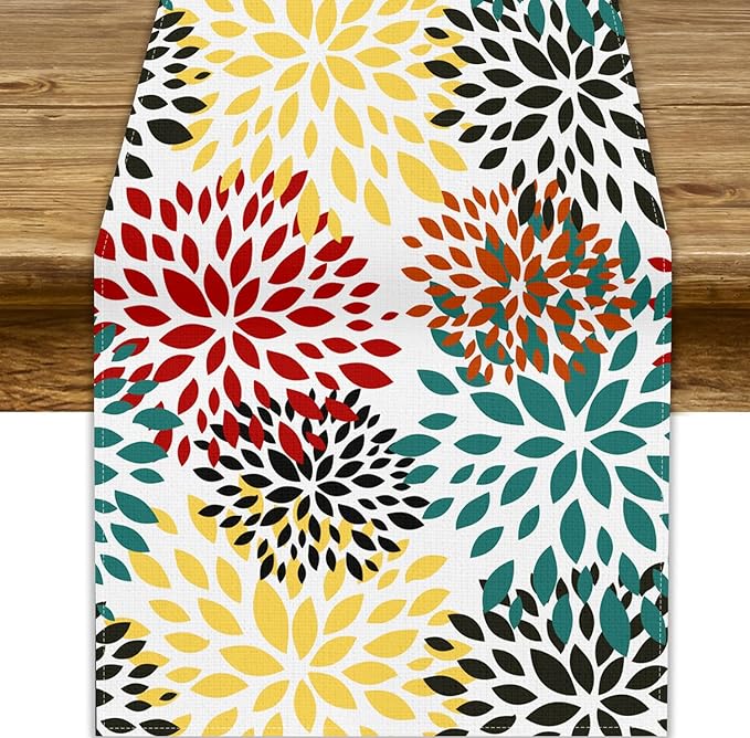 Green Red Dahlia Flower Table Runner Chrysanthemum Geometric Kitchen Dining Bedroom Living Room Table Decor for Indoor Outdoor Home Party, 13x70 Inch