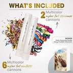 PrimePure Confetti Cannon Party Poppers - Metallic Foil Multicolor Confetti Poppers & Streamers - 8 Pack - Easy-to-Use Party Cannon - Glitter Bomb Pop Gun for Graduation, Birthday, Celebration, Prank