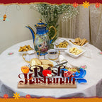 Rosh Hashanah Metal Sign Jewish New Year Table Centerpiece Tiered Tray Decor with Wooden Base Apple Pomegranate Decor for Home Tabletop Centerpiece Mantel Shelf Fireplace