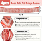 4 Pack 10 Feet Rose Gold Foil Fringe Garland Metallic Tinsel Streamers Banner Wall Hanging Curtain Backdrop for Parade Floats, Wedding, Graduate, Mother's Day, Birthday Party Decoration
