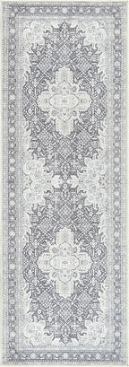 Bloom Rugs Washable Non-Slip 7 ft Runner - Charcoal Blue Traditional Medallion Runner for Entryway, Hallway, Bathroom, and Kitchen - Exact Size: 2.5' x 7'