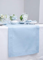 Solino Home Linen Hemstitch Table Runner 108 Inches Long - 100% Pure Linen Sky Blue Table Runner 14 x 108 Inch for Holiday - Classic Hemstitch