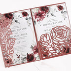 50pcs Tri Fold Wedding invitations Rose Hollow Laser Cut 5x7 '' Wedding Invitation Cards with Envelopes and RSVP Cards for Wedding Engagement Bridal Shower Quinceanera Party Invite Burgundy