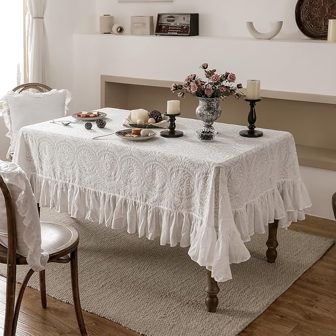 patdrea Vintage Ruffle Tablecloth for Square Tables,Farmhouse Embroidered Cotton White Lace Table Cloth Cover Decor for Dining Room Wedding Banquet Thanksgiving Christmas,59"*59"
