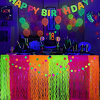 Mega-L Glow in The Dark Party Supplies, 4 Pack Neon Party Decorations Fluorescent Macaron Orange, Yellow and Fuchsia Wavy Metallic Tinsel Foil Fringe Table Skirts, Perfect Table Decors Glow Decors