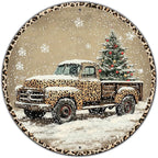 Round Leopard Truck Metal Tin Sign Rustic Wall Decor Christmas Wreath Sign Christmas Wreath Door Hanging Wall Decoration Bar Home Round 12 * 12 in