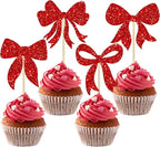 Gyufise 36Pcs Bow Cupcake Toppers Glitter Bowknot Cupcake Picks Bow Tie Birthday Decorations Princess Bow Cupcake Decorations for Bowknot Theme Baby Shower Birthday Party Supplies Red