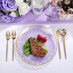 Rubtlamp 100Pcs Plastic Purple Dinner Plates, Heavy Duty 10 Inch Gold Disposable Plates, Hammered Purple Plates with Gold Rim, Fancy Plastic Plates for Weeding Parties