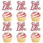24 PCS Fall in Love Cupcake Toppers Glitter Fall Theme Party Cupcake Picks Bridal Shower Cupcake Decorations for Autumn Wedding Engagement Anniversary Birthday Party Cake Decorations Supplies Red