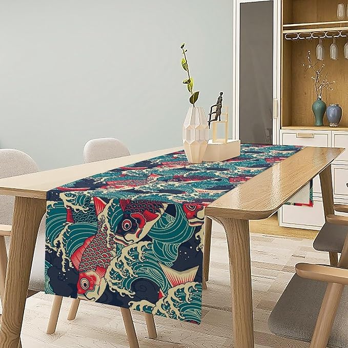 Kio Fish Table Runner Waves Japanese Tradition Art Printed Burlap Runner Home Kitchen Dining Table Living Room Decor Fabric 1 Panel W13xL90in