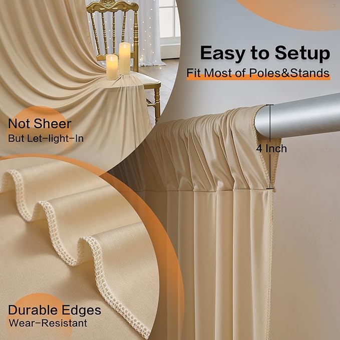 60×12 ft Wrinkle Free Beige Backdrop Curtain for Wedding Parties, 12 Panels 5×12ft Long Silky Polyester Photo Backdrop Drapes for Birthday Baby Shower Photography Stage Evnets Background Cloth