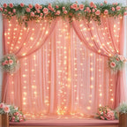 10ft x 10ft Dusty Rose Chiffon Backdrop Curtain with Lights String for Parites Wedding Wrinkle Free Curtain Photo Backdrops Drapes for Baby Shower Birthday Party Home Decorations