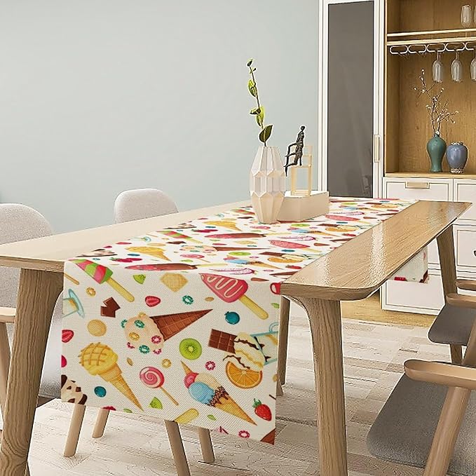 Ice Cream Table Runner, Fruit Ice Popsicles Cold Summer Desserts Seasonal Dinner Runner for Party Holiday Home Kitchen Dining Table Decor 13"x120"