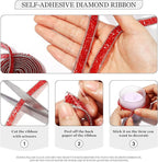 Rhinestone Ribbon 3 Yards Self Adhesive Rhinestone Strips Diamond Ribbon Sticker Crystal Roll Glitter Bling Rhinestones Tape for Crafting DIY Art Decoration (Red,0.4 Inch)