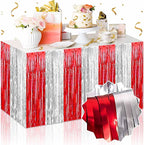3 Pack 29 x108 Inch Red and Silver Foil Fringe Table Skirts Metallic Banner for Tinsel Streamer Garland Backdrop for Parade Floats Mother's Day, Graduate, Birthday, Wedding Party Decoration