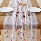 JIALE 3 Pack Ivory Floral Table Runner, Embroidery Daisy Seasonal Table Decorations, 120Inch 10FT Tulle Fabric for Home Decor, Bridal Shower Wedding, Baby Shower Parties, DIY Craft