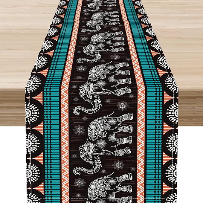 Boho Elephant Table Runner, Vintage Tribal Traditional Bohemian African Animals Ethnic Folk Table Center Decor for Home Kitchen Dining Patio Holiday Party Indoor Table Decorations, 13"x90" Inch