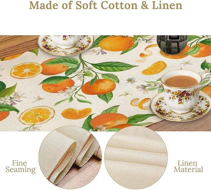 Spring Summer Orange Table Runner Vintage Citrus Lemon Fruit Mandarin Floral Dinner Runner for Farmhouse Baby Shower Party Holiday Home Kitchen Dining Table Decor 13x60