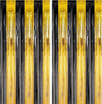 2 Pack Black and Gold Foil Fringe Backdrop Curtains, Tinsel Streamers Birthday Party Decorations, Fringe Backdrop for Graduation, Baby Shower, Gender Reveal, Disco Party