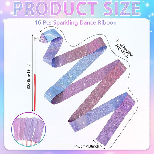 16 Pcs Sparkling Dance Ribbon for Kids Rhythmic Gymnastics Birthday Party Favors Twirling Streamer for Girl Princess Artistic Dancing Outdoor Game Supplies(Gradient Blue Purple)