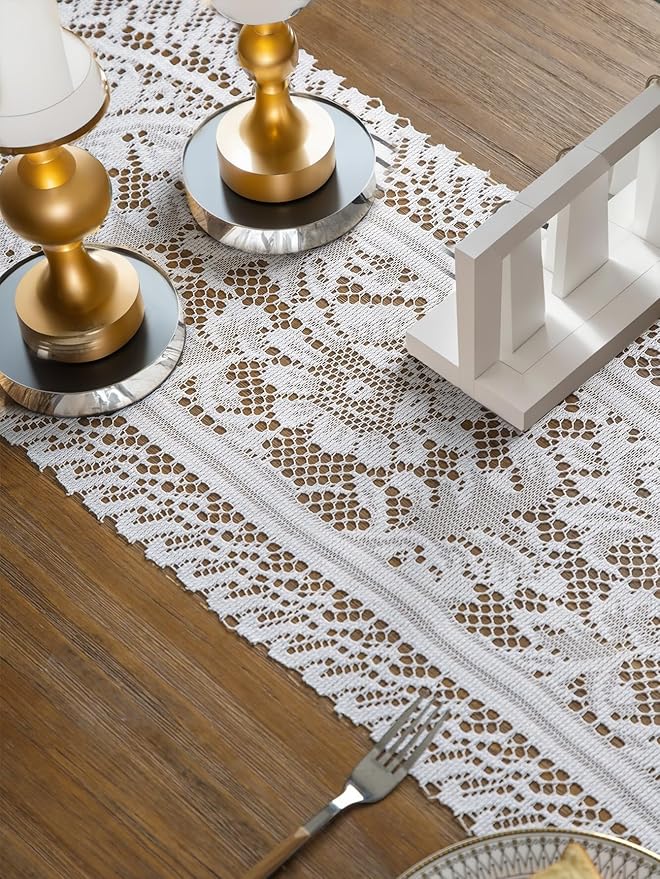 Jayla White Lace Table Runners, Elegant Vintage Lace Table Runner, Wedding Lace Decor with Floral Embroidery,Tea Party Decor, 13x54 Inch