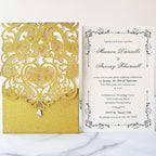 Hosmsua 5.12 x 7.3 50pcs Personalized Gold Laser Cut Flora Wedding Invitation Cards with Rhinestone and Envelopes Invitations for Quinceañera Wedding Invite (Customized Printed)