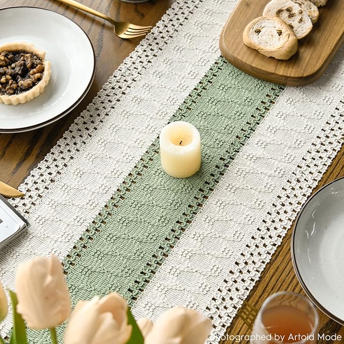 Artoid Mode Light Green Farmhouse Rustic Table Runner, Seasonal Holiday Hollow Kitchen Dining Table Decoration for Home Party Decor 12x108 Inch
